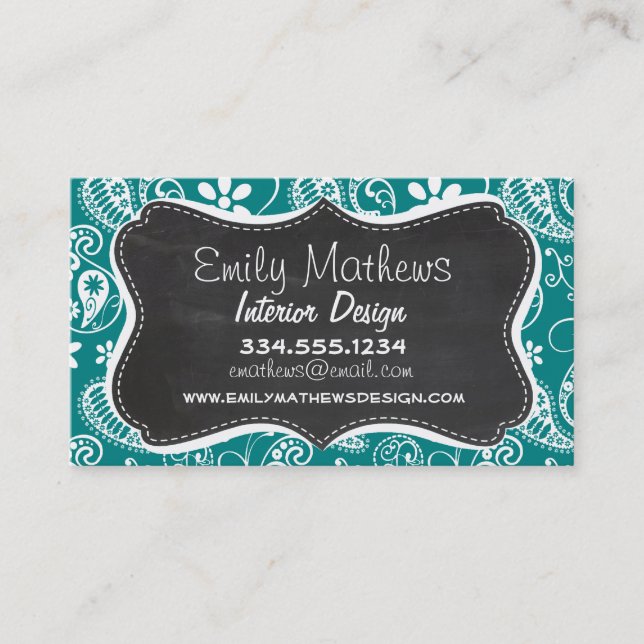 Dark Cyan Paisley; Floral; Retro Chalkboard Business Card (Front)