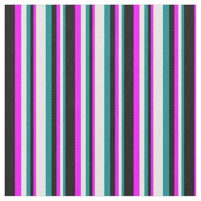 Dark Cyan, White, Fuchsia & Black Striped Pattern Fabric (Close Up)