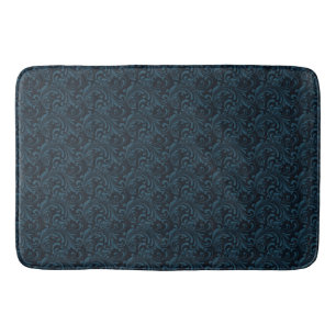 Dark Damask Blue Black Swirl Masculine Pattern Bath Mat