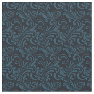 Dark Damask Blue Black Swirl Masculine Pattern Fabric