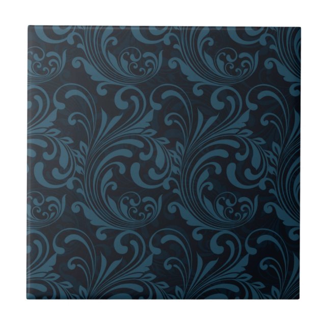 Dark Damask Blue Black Swirl Masculine Pattern Tile (Front)