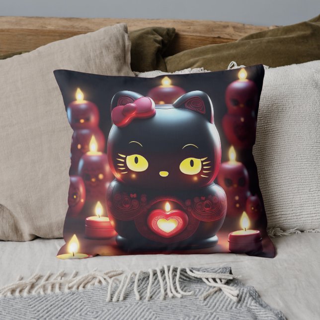 Dark Dark Kitty black romantic candle cushion (FRONT - Coussin bougie romantique obscur Dark Kitty noir)