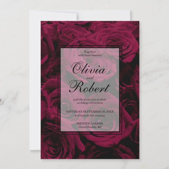 Dark deep red magenta burgundy roses  invitation (Front)
