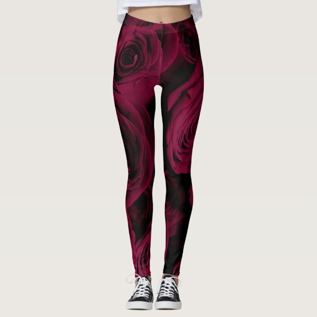 Dark deep red magenta burgundy roses  leggings (Front)