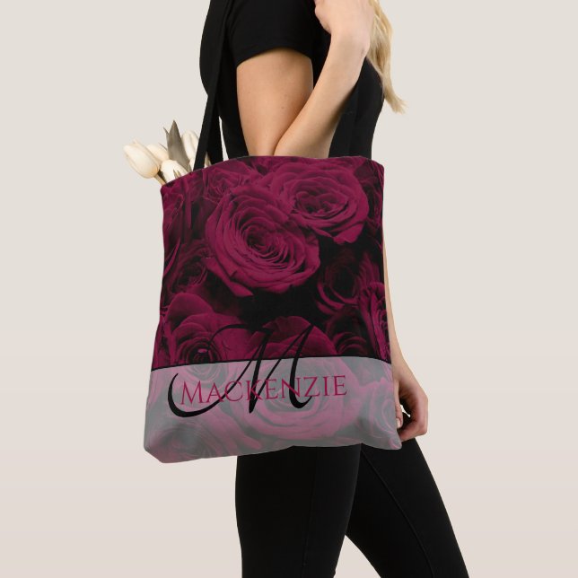 Dark deep red magenta burgundy roses  tote bag (Close Up)