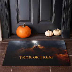 Dark demon with orange smoke halloween doormat
