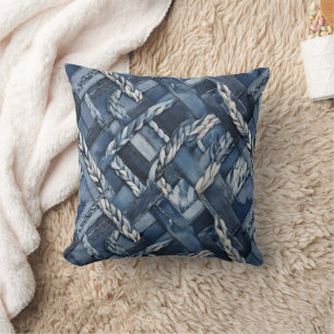 Dark Distressed Denim Patchwork And Braids Cushion