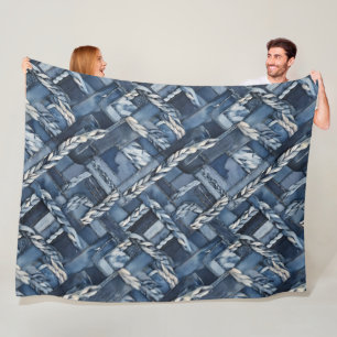 Dark Distressed Denim Patchwork And Braids Fleece Blanket