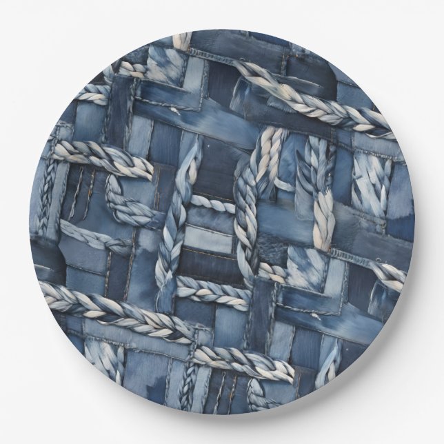 Dark Distressed Denim Patchwork And Braids Paper Plate (Front)