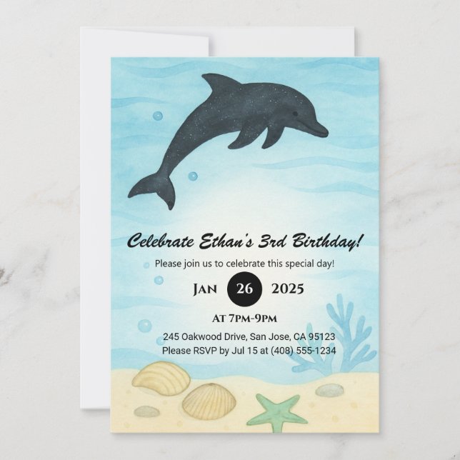  Dark Dolphin Seashell Ocean Scene Birthday  Invitation (Front)