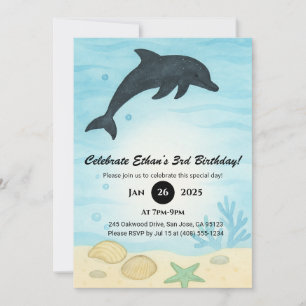 Dark Dolphin Seashell Ocean Scene Birthday Invitation