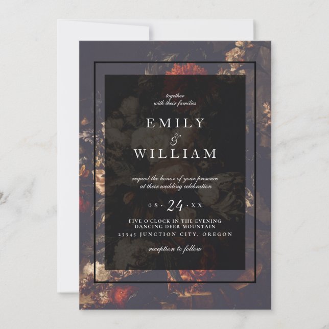 Dark Dramatic Moody Autumn Floral Custom Wedding Invitation (Front)