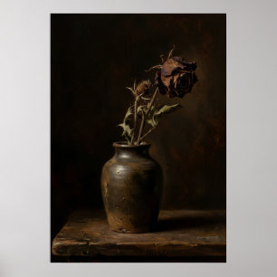 Dark Dried Rose Clay Vase Still Life Moody Dark Ae Poster