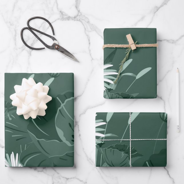 Dark Dusty Green Poppy and Daisy Wrapping Paper Sheet (Front)