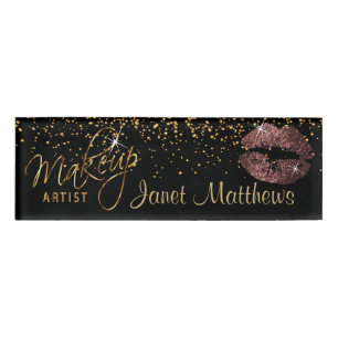 Dark Dusty Rose Glitter Lips and Elegant Gold Name Tag