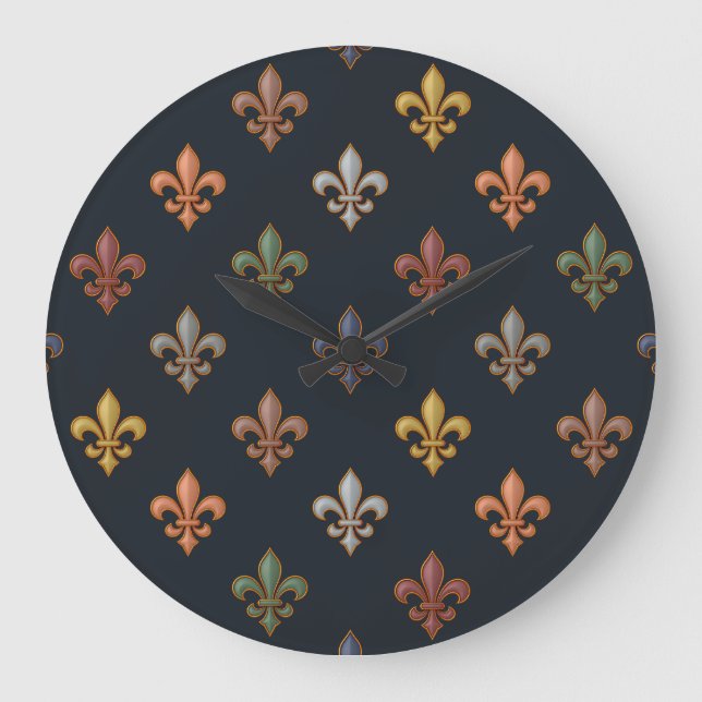 Dark Earth Woodlands Fleur-de-lis Design  Large Clock (Front)