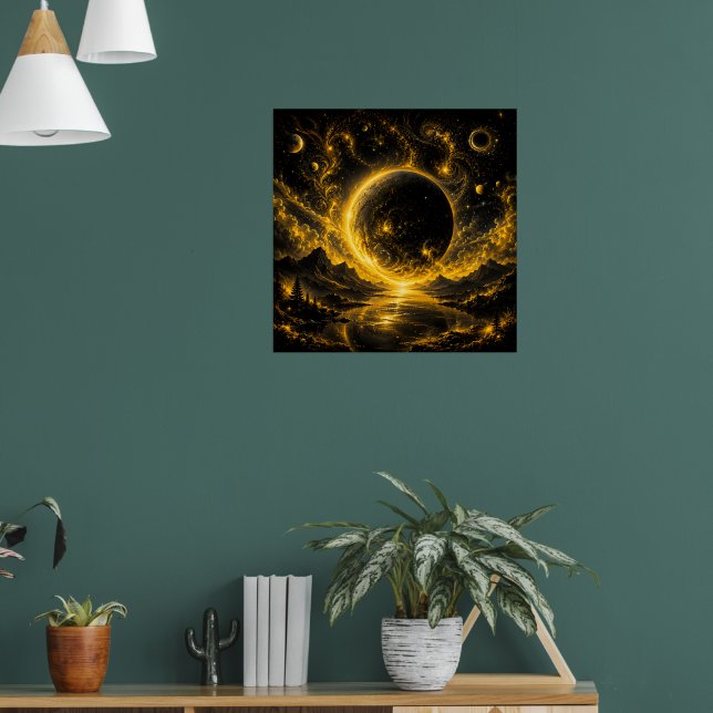 Dark Eclipse with Golden Filigree — Cosmic Fantasy Poster (Living Room 1)