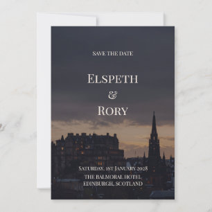 Dark Edinburgh Skyline Save the Date Card Gothic