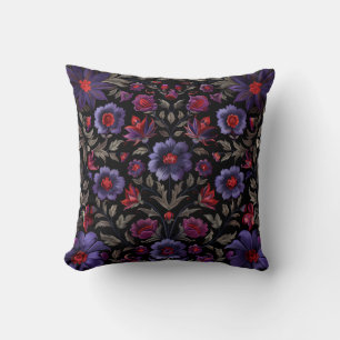 Dark Elegance: Black and Purple Floral Pattern Cushion