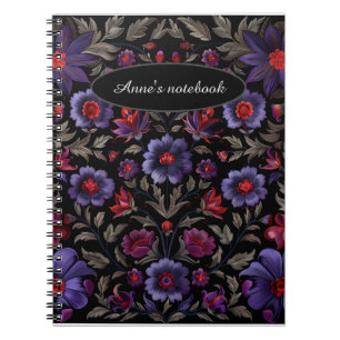 Dark Elegance: Black and Purple Floral Pattern Notebook
