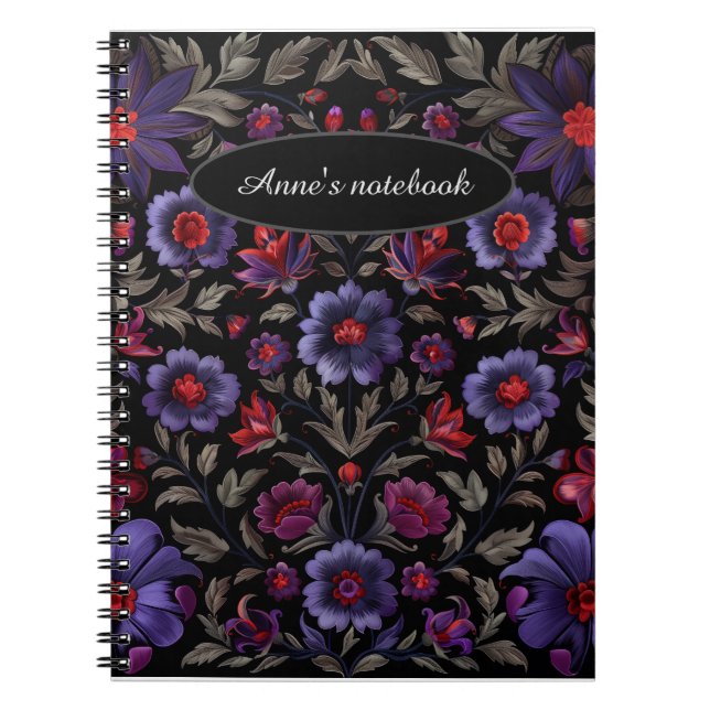 Dark Elegance: Black and Purple Floral Pattern  Notebook (Front)