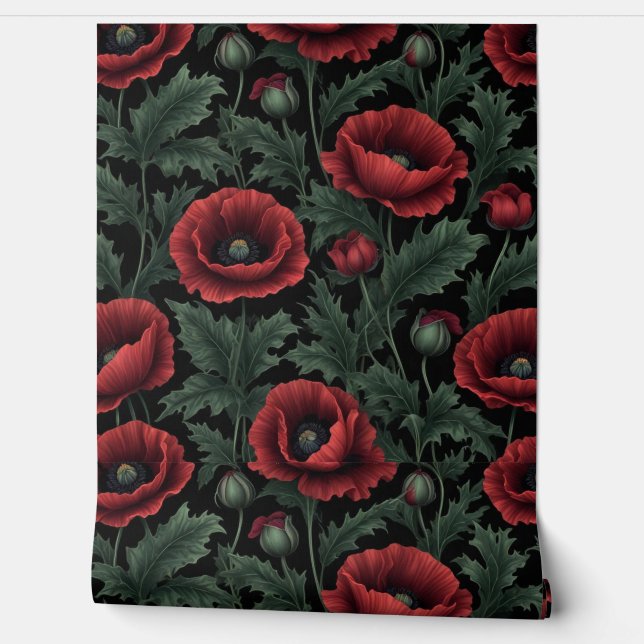Dark Elegance: Crimson Poppies and Verdant Leaves  Wallpaper (Unrolling)