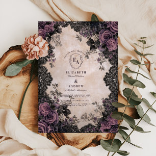 Dark Elegance with Purple Roses & Lace Invitation