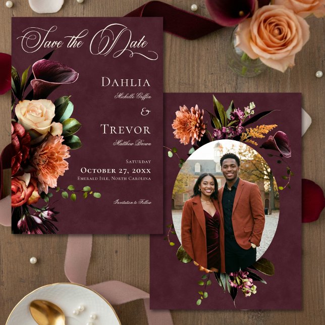 Dark Elegant Autumn Floral Burgundy Photo Wedding Save The Date (Creator Uploaded)