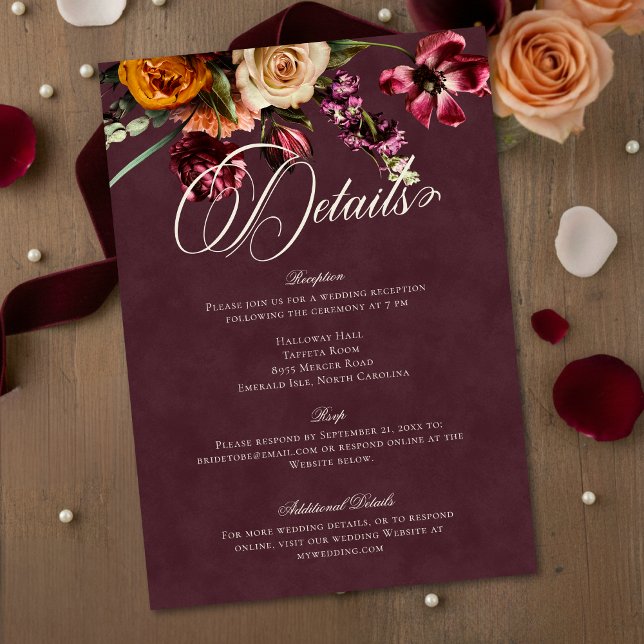 Dark Elegant Autumn Floral Burgundy Wedding Detail Enclosure Card (Creator Uploaded)