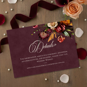 Dark Elegant Autumn Floral Burgundy Wedding Detail Enclosure Card