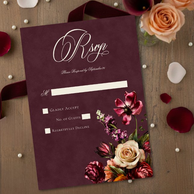Dark Elegant Autumn Floral Burgundy Wedding RSVP Card (Creator Uploaded)