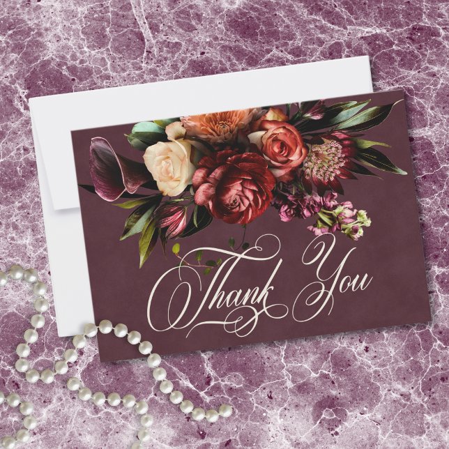 Dark Elegant Autumn Floral Burgundy Wedding Thank You Card (Dark Elegant Autumn Floral Burgundy Wedding Thank You Card)