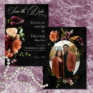 Dark Elegant Autumn Floral Photo Wedding Save The Date