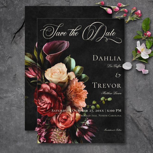 Dark Elegant Autumn Floral Wedding Save The Date (Dark Elegant Autumn Floral Wedding Save The Date Card)