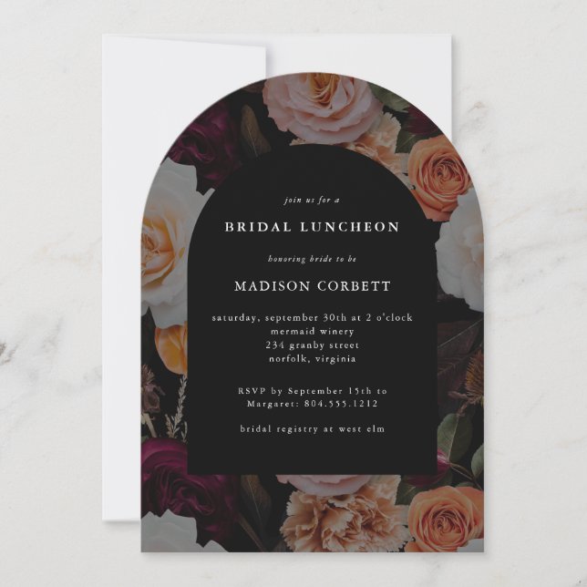 Dark Elegant Black Autumn Floral Bridal Luncheon Invitation (Front)