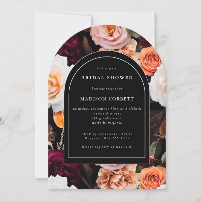 Dark Elegant Black Autumn Floral Bridal Shower  Invitation (Front)