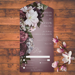 Dark Elegant Burgundy & Cream Blur Floral Dinner All In One Invitation