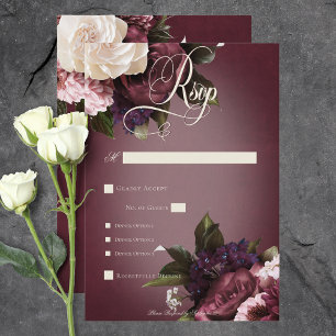 Dark Elegant Burgundy & Cream Blur Floral Dinner RSVP Card