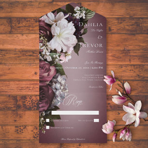 Dark Elegant Burgundy Cream Blur Floral No Dinner All In One Invitation