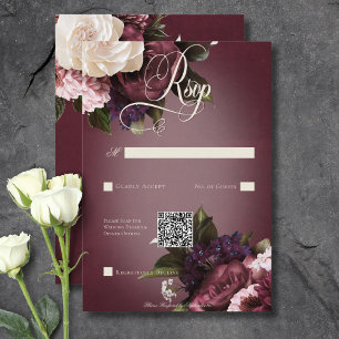 Dark Elegant Burgundy & Cream Blur Floral QR Code RSVP Card