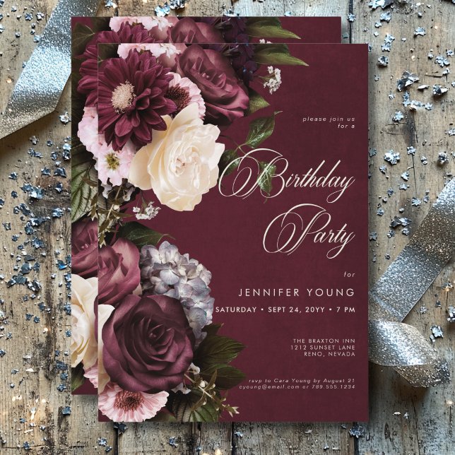 Dark Elegant Burgundy & Cream Floral Birthday Invitation (Dark Elegant Burgundy & Cream Floral Birthday Invitation)