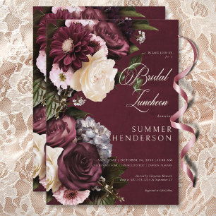 Dark Elegant Burgundy & Cream Floral Bridal Lunch Invitation