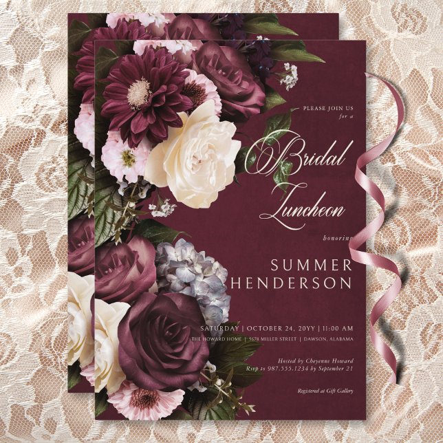 Dark Elegant Burgundy & Cream Floral Bridal Lunch Invitation (Dark Elegant Burgundy & Cream Floral Bridal Lunch Invitation)