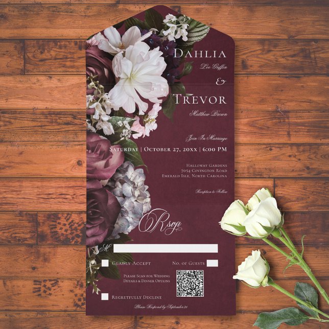 Dark Elegant Burgundy & Cream Floral QR Code All In One Invitation (Dark Elegant Burgundy & Cream Floral QR Code All In One Invitation)
