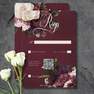 Dark Elegant Burgundy & Cream Floral QR Code RSVP Card