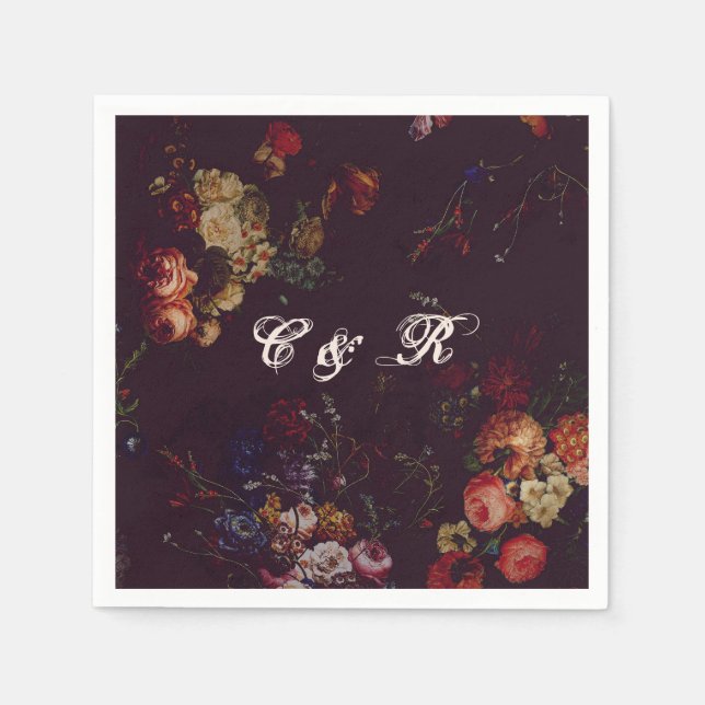 Dark Elegant Burgundy Moody Floral Name Intitials  Napkin (Front)