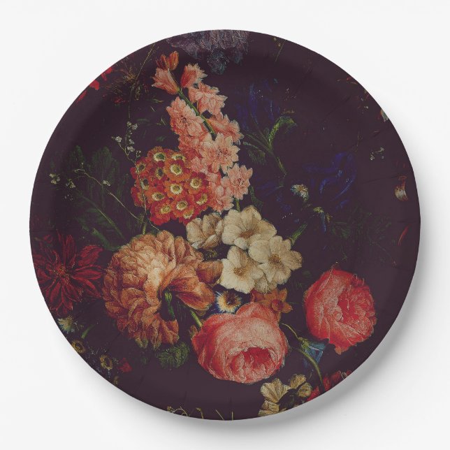 Dark Elegant Burgundy Moody Floral Paper Plate (Front)