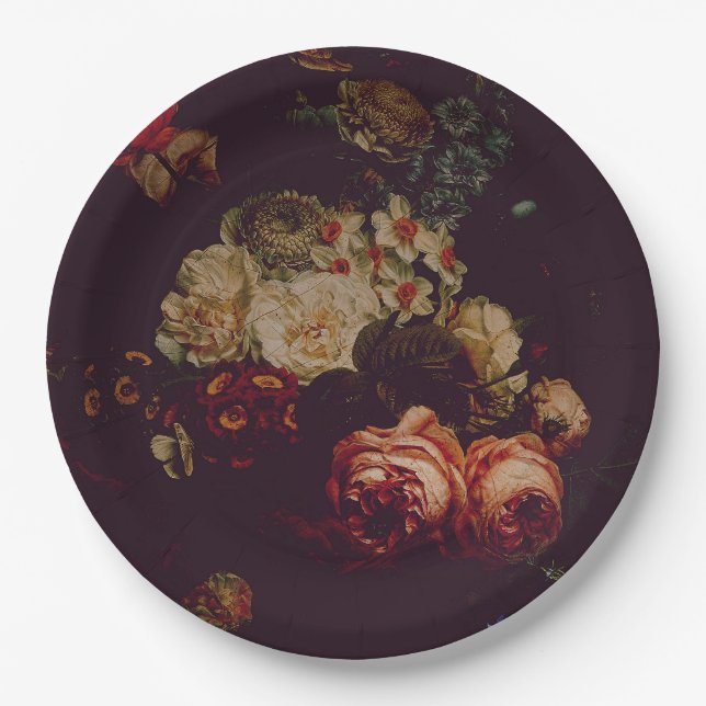 Dark Elegant Burgundy Moody Floral Paper Plate (Front)