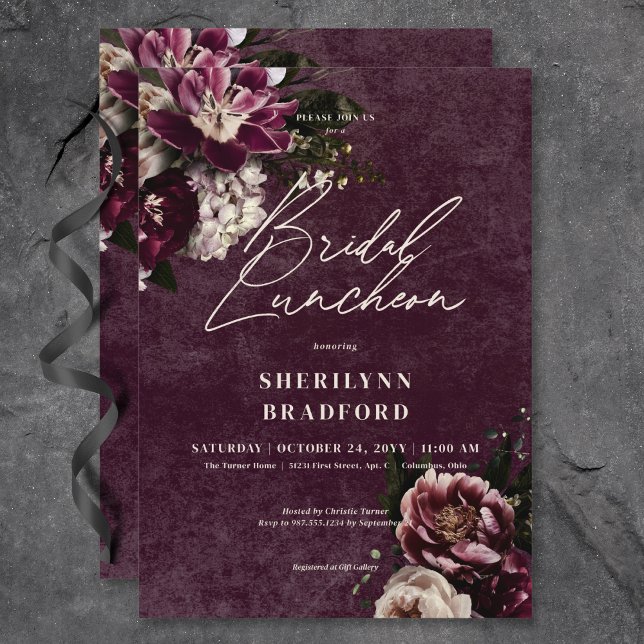 Dark Elegant Burgundy & White Floral Bridal Brunch Invitation (Dark Elegant Burgundy & White Floral Bridal Brunch Invitation)