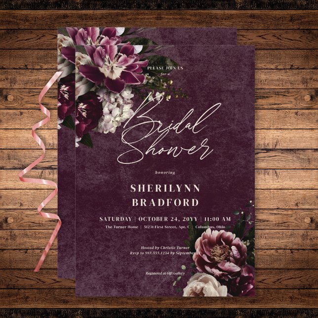 Dark Elegant Burgundy & White Floral Bridal Shower Invitation (Dark Elegant Burgundy & White Floral Bridal Shower Invitation)